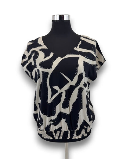 Comma Damen Bluse Gr. 36 schwarz mit Muster V-Ausschnitt Locker geschnitten
