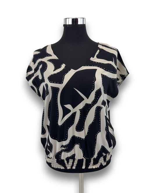 Comma Damen Bluse Gr. 36 schwarz mit Muster V-Ausschnitt Locker geschnitten