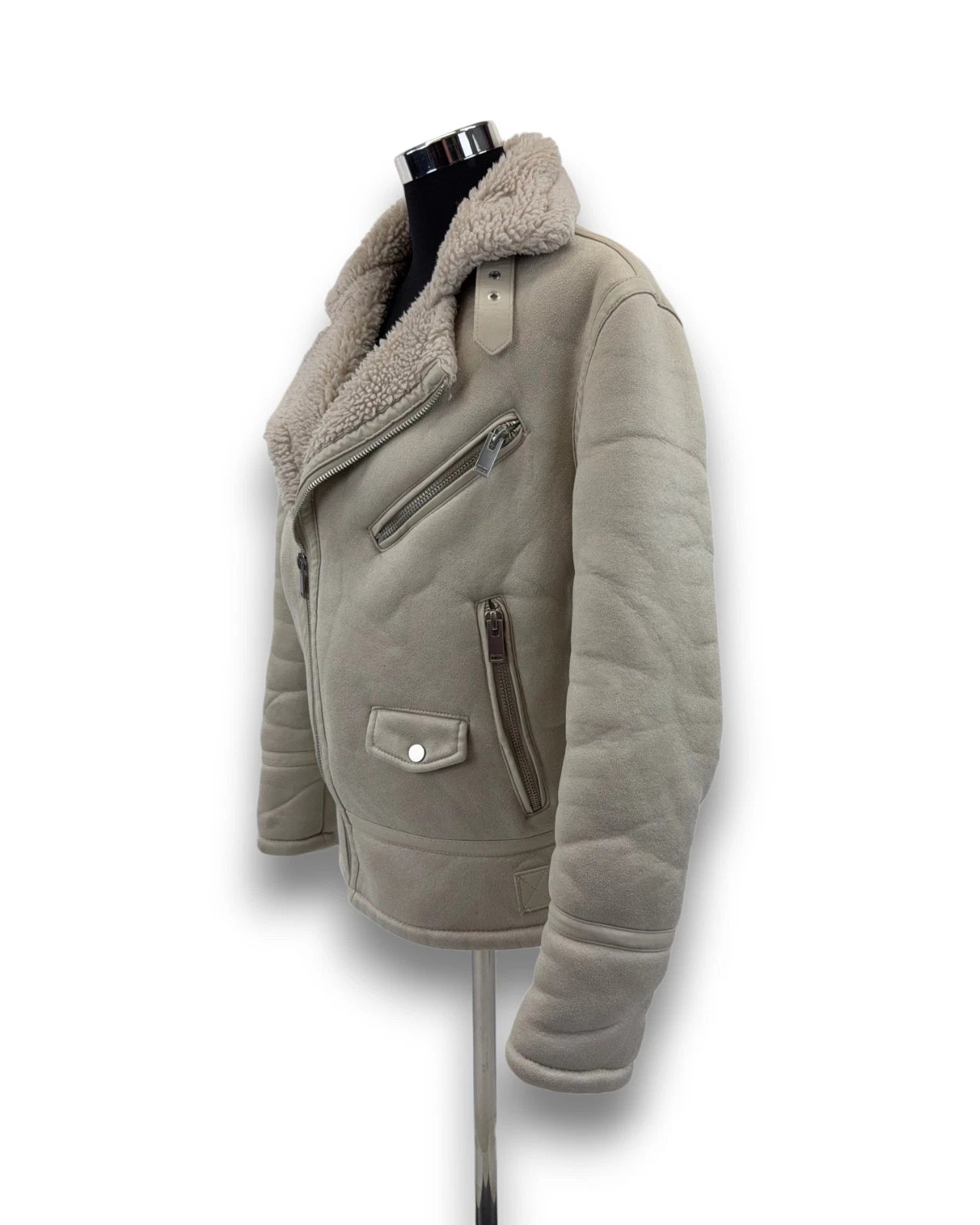 Zara Damen Jacke Gr. S hellbeige Teddy Bikerjacke mit Reißverschluss Preowned
