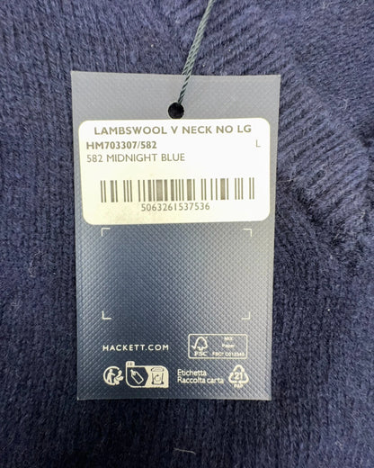 Hackett London Herren Pullover Gr. L Midnight Blue 100% Lammwolle V-Ausschnitt