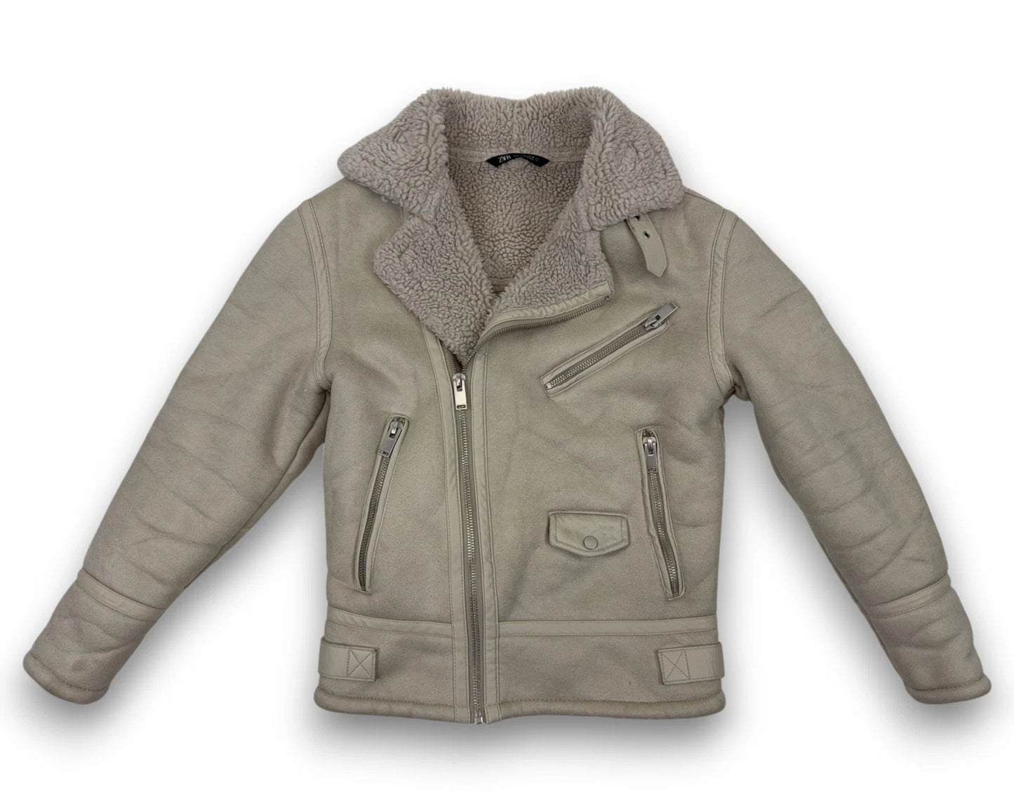 Zara Damen Jacke Gr. S hellbeige Teddy Bikerjacke mit Reißverschluss Preowned