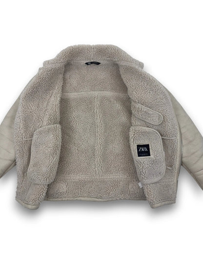 Zara Damen Jacke Gr. S hellbeige Teddy Bikerjacke mit Reißverschluss Preowned