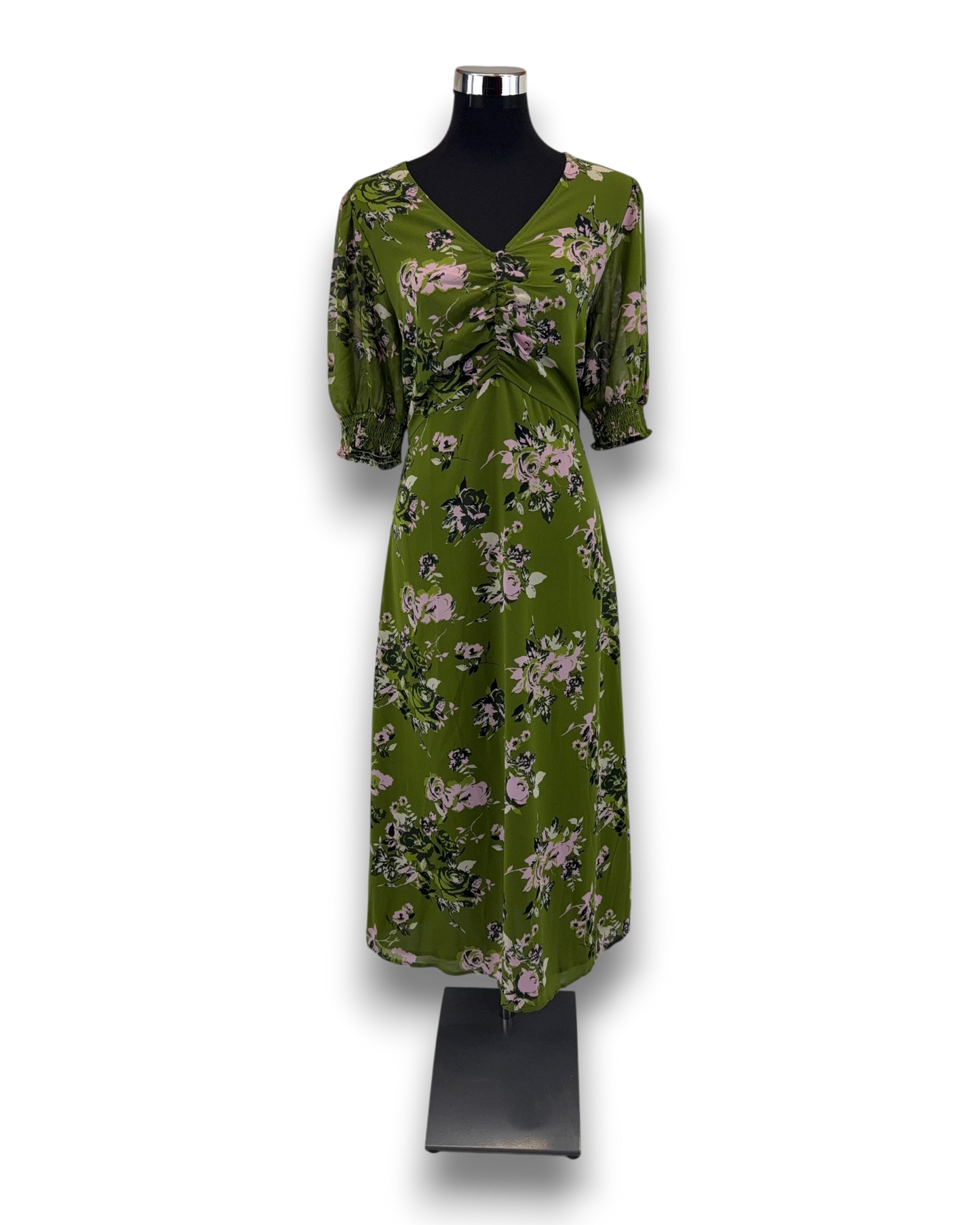 Kaffe Damen Kleid KAvita – Grün – Größe 44 Midi Kleid mit Floralem Muster