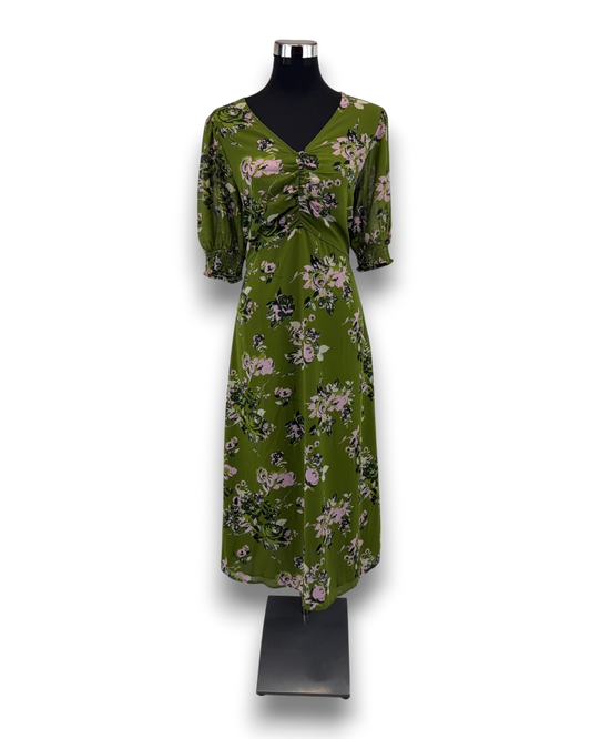 Kaffe Damen Kleid KAvita – Grün – Größe 44 Midi Kleid mit Floralem Muster