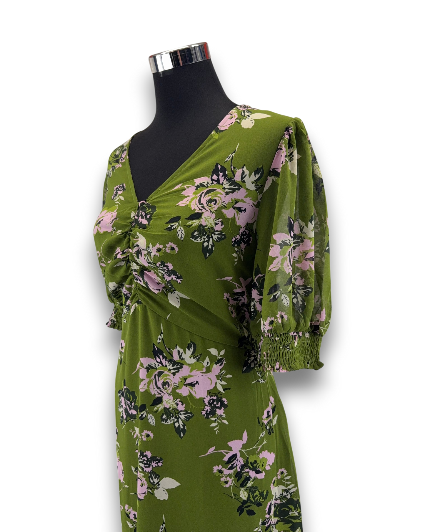 Kaffe Damen Kleid KAvita – Grün – Größe 44 Midi Kleid mit Floralem Muster