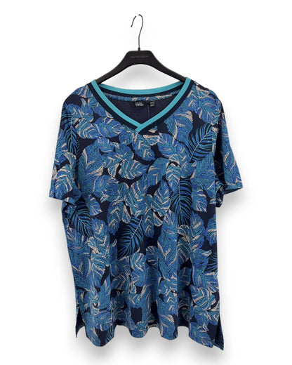 ULLA POPKEN Damen T-Shirt Blau Gr. 46/48 Blätter Muster Kurzarm Shirt Sommer